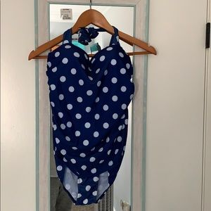 One piece blue and white polka dot bathing suit